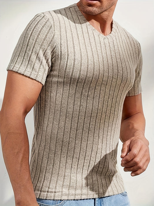 Gestreept Stretch Heren Casual Korte Mouw V-hals T-shirt,