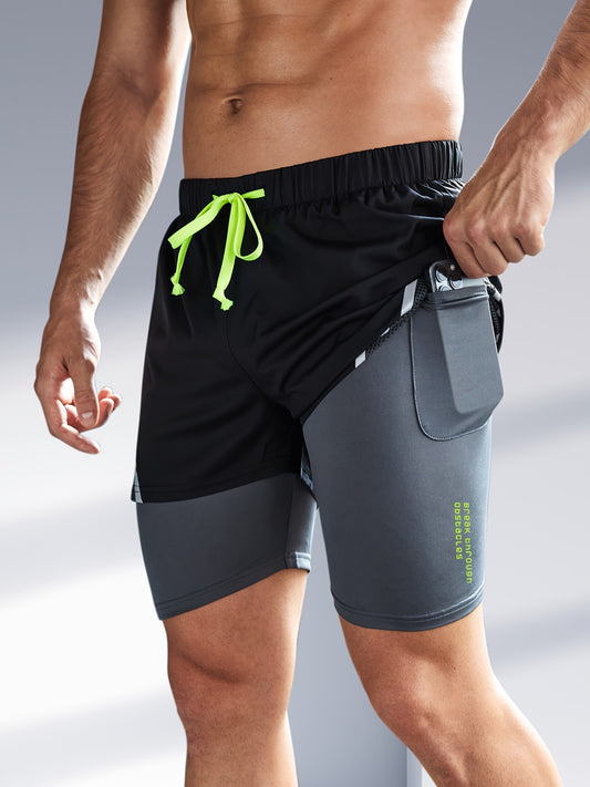 Heren 2-in-1 hardloopshorts, activewear, telefoonzak sportshorts met trekkoord