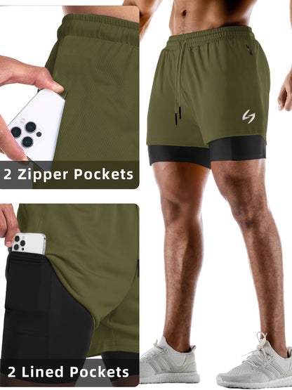 Heren 2-in-1 Zomer Sportshorts Sneldrogende Zakontwerp