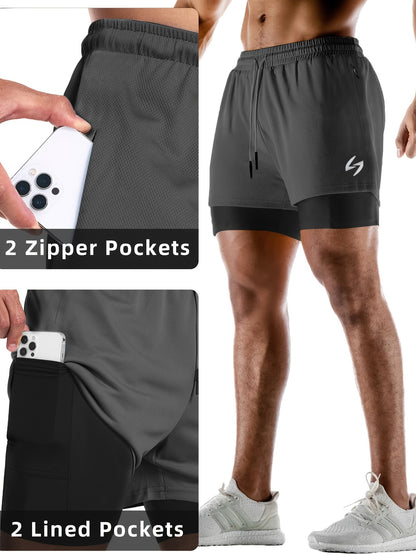 Heren 2-in-1 Zomer Sportshorts Sneldrogende Zakontwerp