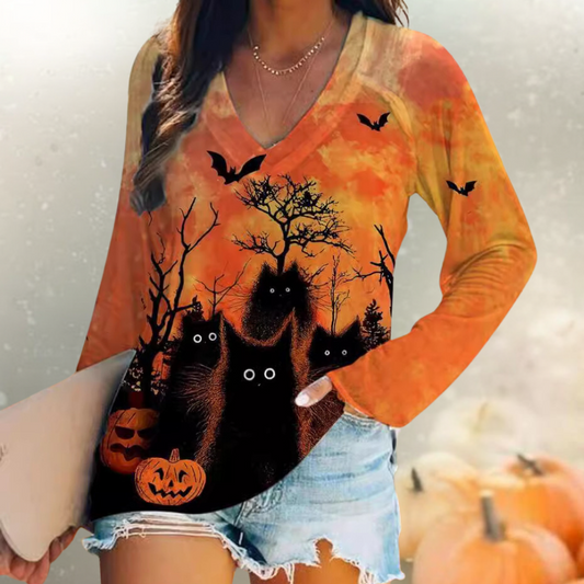 Celina - Dames Halloween T-shirt met Zwarte Kat Print