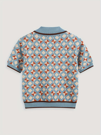 T-shirt Met Geometrisch Patroon, Knoopkraag En Korte Mouwen