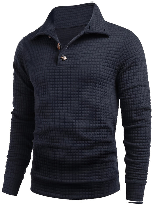 Katoenmix Wafelpatroon Revers Shirt, Heren Casual Pullover Lange Mouw Shirt Voor Lente Herfst, Herenkleding